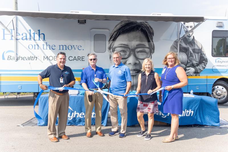Celebrating the grand opening of the Bayhealth Mobile Care unit at the Delaware State Fair are (l-r) Bayhealth Foundation Director of Development Charles Desch, Bayhealth Foundation President Lindsay Rhodenbaugh, Gov. John Carney, Lt. Gov. Bethany Hall-Long and Bayhealth Chief Nurse Executive Rosi Wurster. SUBMITTED PHOTO